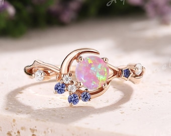 Dainty Fire Opal Engagement Ring Moon Star Design Ring Gold Sapphire Moissanite Wedding Rings for Women Pink Opal Jewelry Personalized Gift