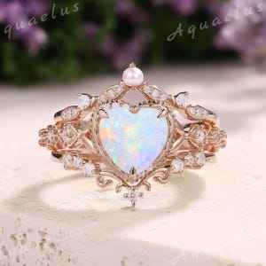 Vintage Natürliche Opal Herz Verlobungsring Set 3 stücke Rose Gold Moissanite Eheringe für Frauen Mutter Geschenk für Sie Handgemachter Opal Schmuck