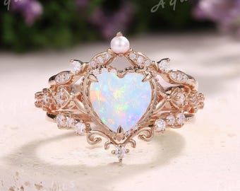 Vintage Natural Opal Heart Engagement Ring Set 3pcs Rose Gold Moissanite Wedding Rings for Women Mother Gift for Her Handmade Opal Jewelry