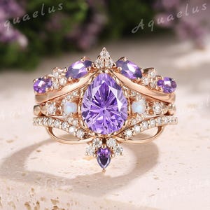 3pcs Rings Pear Firework Cut Purple Sapphire Engagement Ring Set Gold Unique Amethyst Wedding Ring Set For Women Ring Set Anniversary Gifts