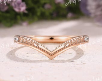 Vintage Moissanite Wedding Band Rose Gold Flower Engraved Curved Ring Wedding Ring Matching Ring Custom Handmade Jewelry Chevron ring