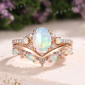 Dainty Fire Opal Engagement Ring Set Moissanite Wedding Rings Women Solid Gold Opal Wedding Band Anniversary Gift for Her Opal Jewelry