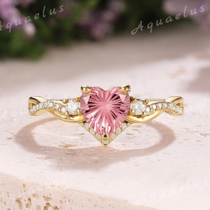 Heart Firework Cut Pink Sapphire Engagement Ring Nature Inspired Leaf Ring Gold Moissanite Wedding Ring Anniversary Valentine Gifts For Her