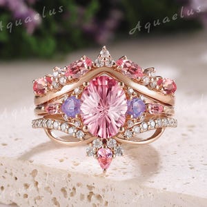 3 peças anéis oval corte de fogo de artifício rosa safira conjunto de anel de noivado ouro delicado ametista conjunto de anel de casamento para mulheres anel de promessa presente de aniversário