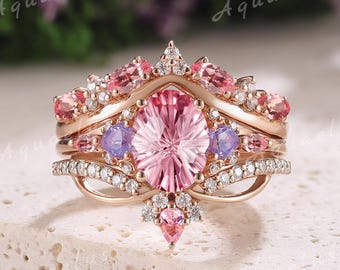 3pcs Rings Oval Firework Cut Pink Sapphire Engagement Ring Set Gold Dainty Amethyst Wedding Ring Set For Women Promise Ring Anniversary Gift