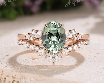 Oval Shaped Green Sapphire Engagement Ring Set Rose Gold Vintage Moissanite Curved Wedding Band Promise Ring Set Birthstone Gifts For Women