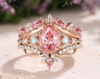 3pcs Rings Pear Firework Cut Pink Sapphire Engagement Ring Set Gold Dainty Opal Wedding Ring Set For Women Promise Ring Set Anniversary Gift