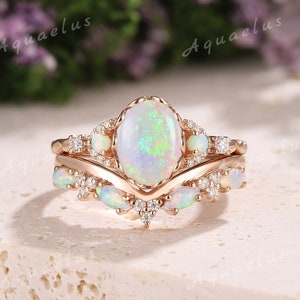 Dainty Opal Engagement Ring Set Gold Fire Opal Rings for Women Moissanite Wedding Ring Set October Birthstone Opal Jewelry Personalized Gift