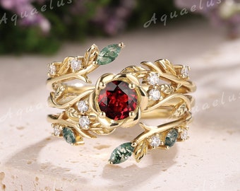 Garnet Engagement Ring Set Nature Inspired Moss Agate