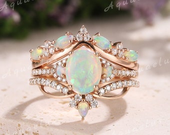 3pcs white Opal Engagement Ring Set Solid Gold Moissanite Wedding Ring Set Handmade Natural Opal Wedding Bands Women October Birthstone Ring