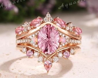 Starbrite Pink Sapphire Engagement Ring Set Rose Gold Moissanite Wedding Ring Set for Women September Birthstone Ring Pink Sapphire Jewelry