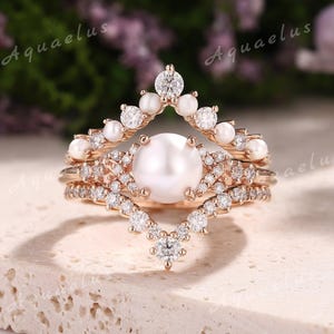 Akoya Perle Verlobungsring Set 3 Stück Vintage Rose Gold RingEnhancer Ring Moissanite Gebogenes Hochzeitsband Versprechen Jahrestag Geschenk für Mutter