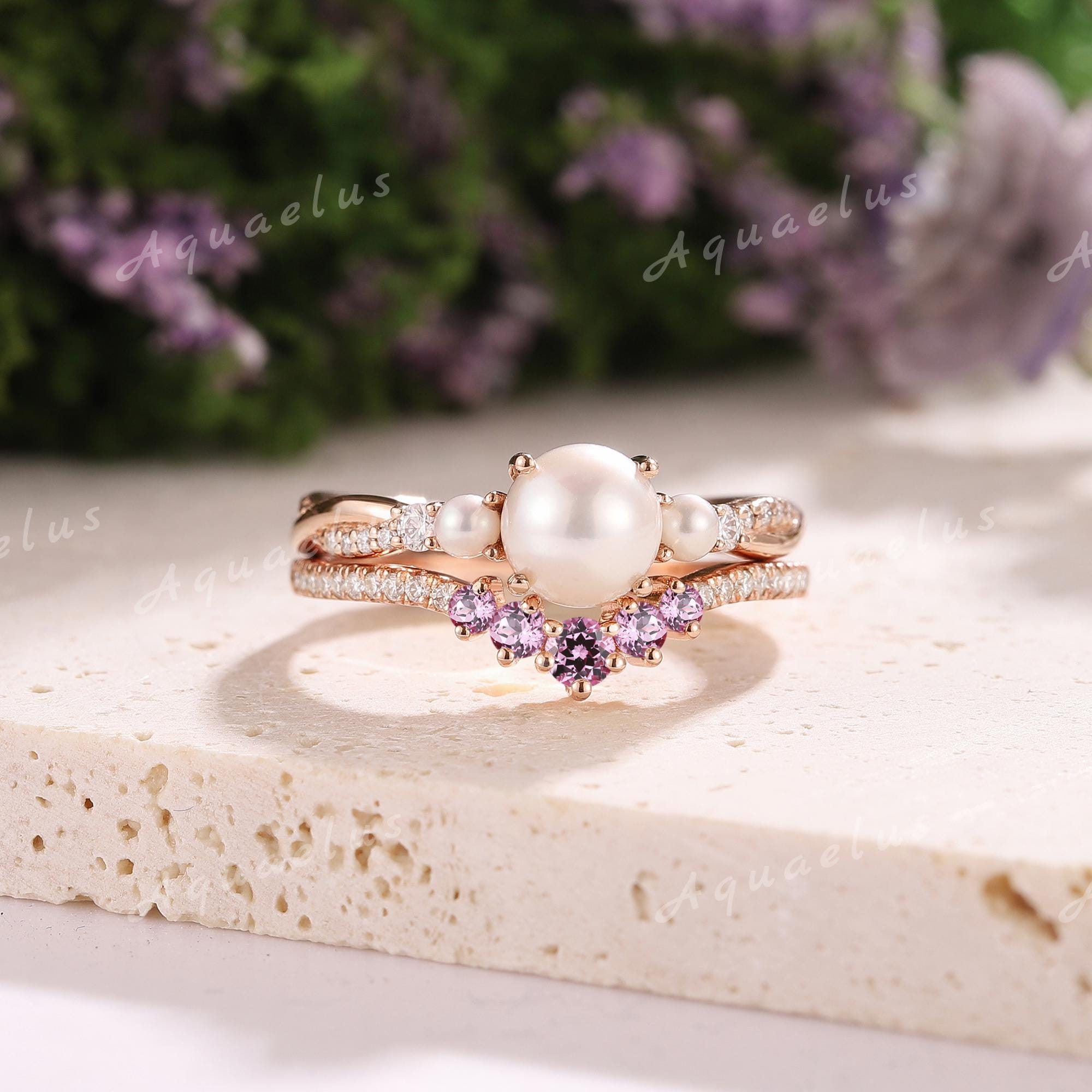 あこやペアルース Akoya Pearl Engagement Ring Set Pink Sapphire Wedding Band
