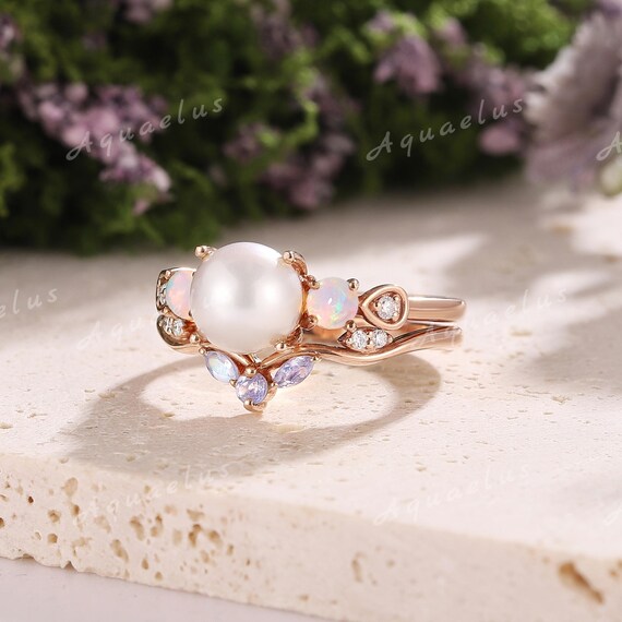Akoya Pearl Engagement Ring Set Gold Opal Rings for Women