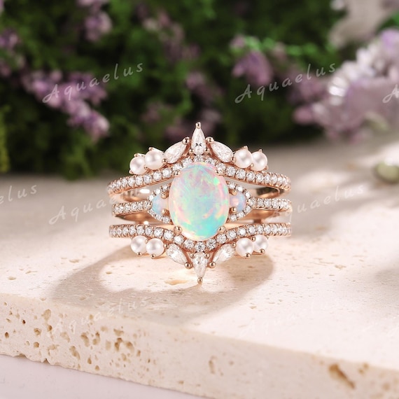 Unique Oval Opal Engagement Ring Set Natural Pearl Enhancer Ring