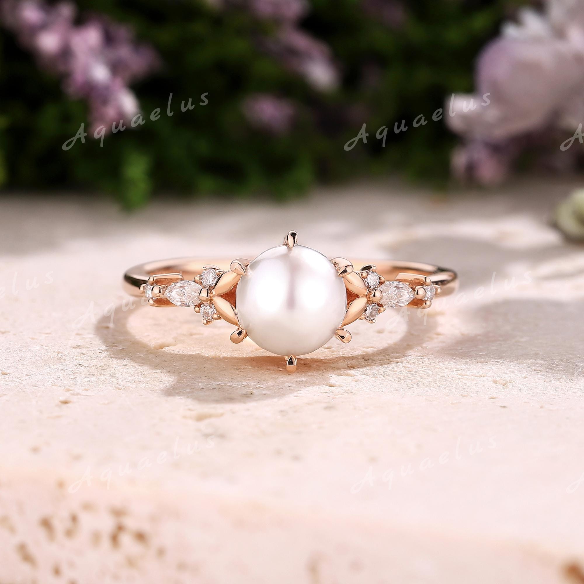Vintage Natural Akoya Pearl Engagement Ring White Pearl Solid Gold