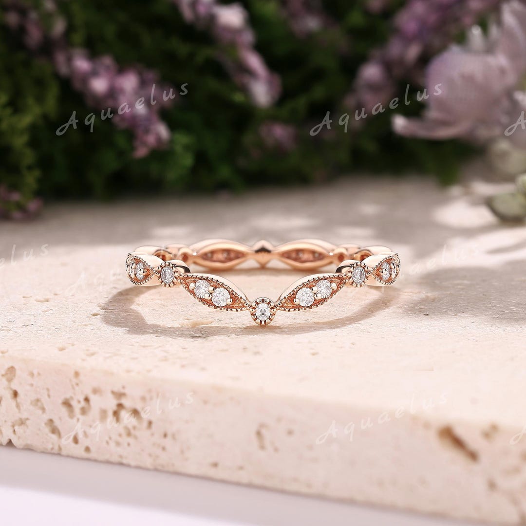 Art Deco Moissanite Wedding Band Rose Gold Ring Moissanite Vintage ...