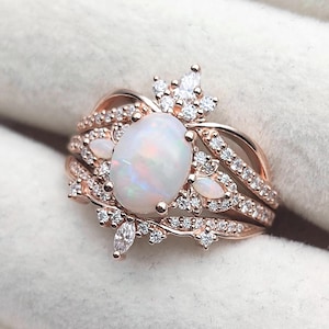 Förlovningsringar i roséguld med naturlig opal, opalring för kvinnor, moissanit, vigselringar, jubileumsring, 3 st opalringar, gåvor