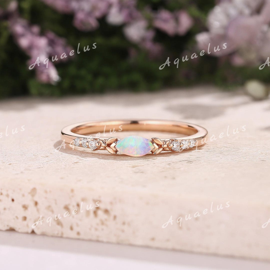 Matching Opsite Rings Vintage White Opal Wedding Band Rose Gold Women Natural Opal Stacking ...