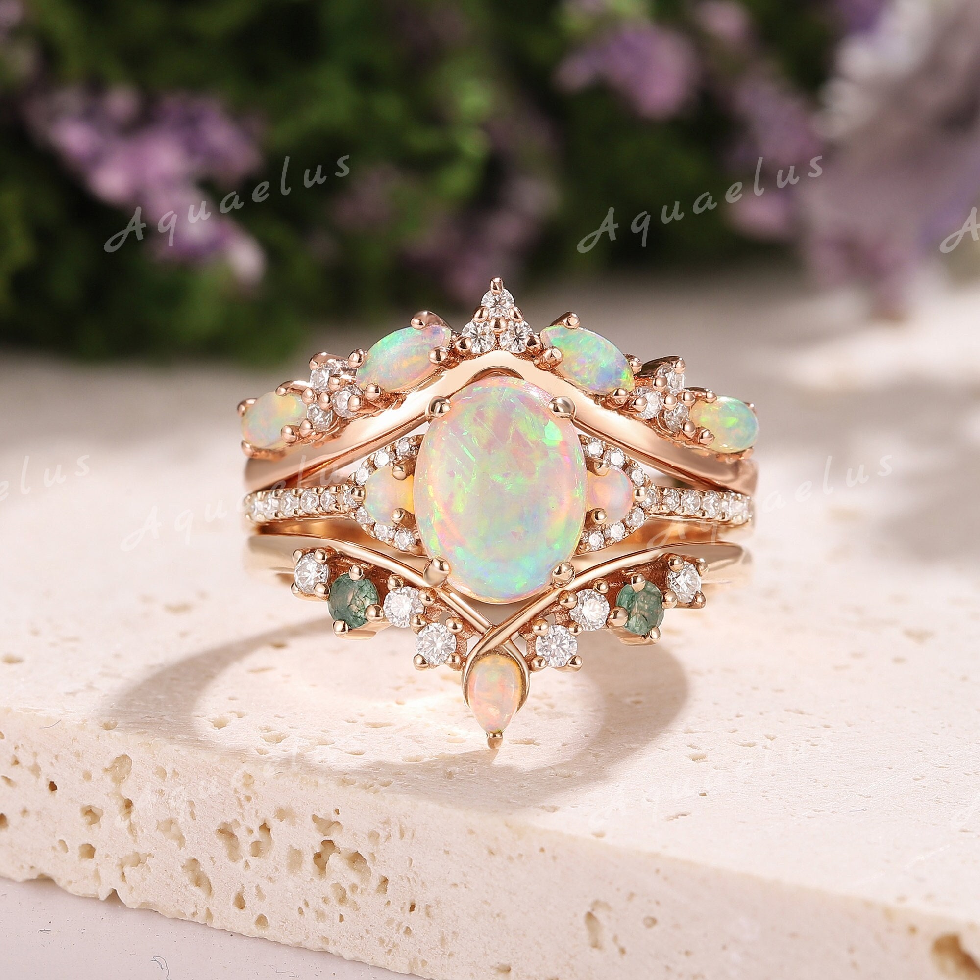 3pcs Fire Opal Engagement Ring Set Rose Gold Opal Rings for Women Moissanite Wedding Ring Set Anniversary Gift for Her Handmade Jewelry