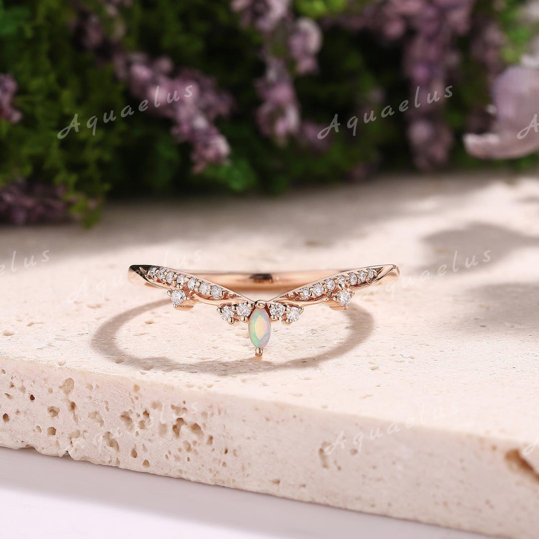 Art Deco Moissanite Wedding Band Rose Gold Natural Opal Unique Curved ...