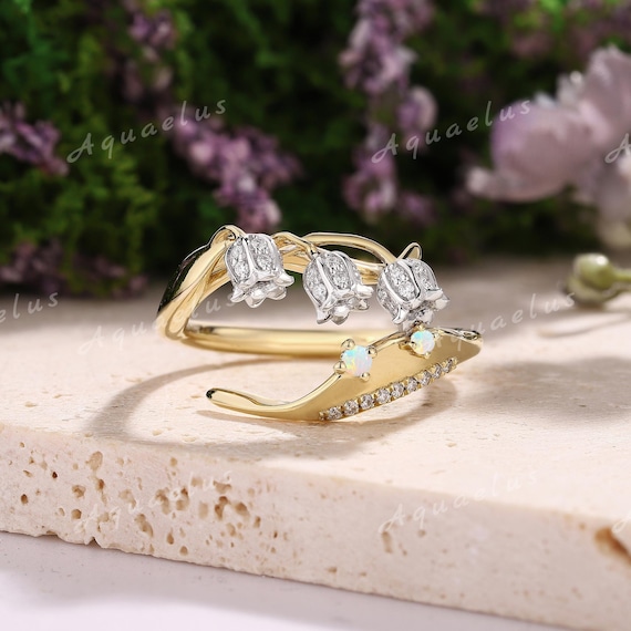 Lily of the Valley Ring Two Tone Moissanite Engagement Ring Gold Opal Wedding Ring Flower Ring Promise Anniversary Birthstone Gift For Women