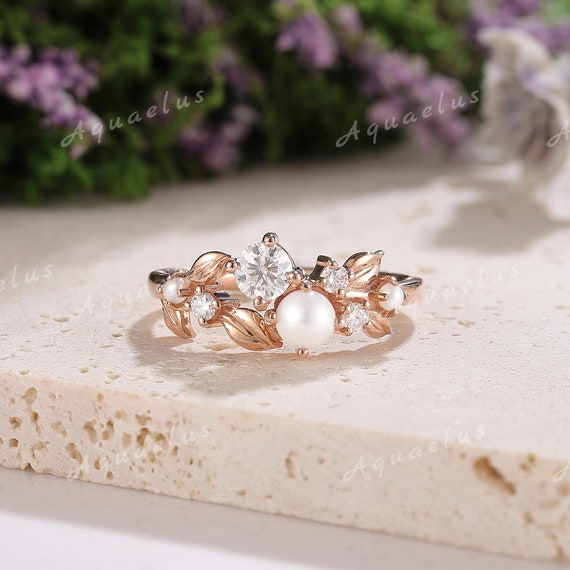 Unique Natural Leaf Moissanite Engagement Ring Rose Gold Pearl