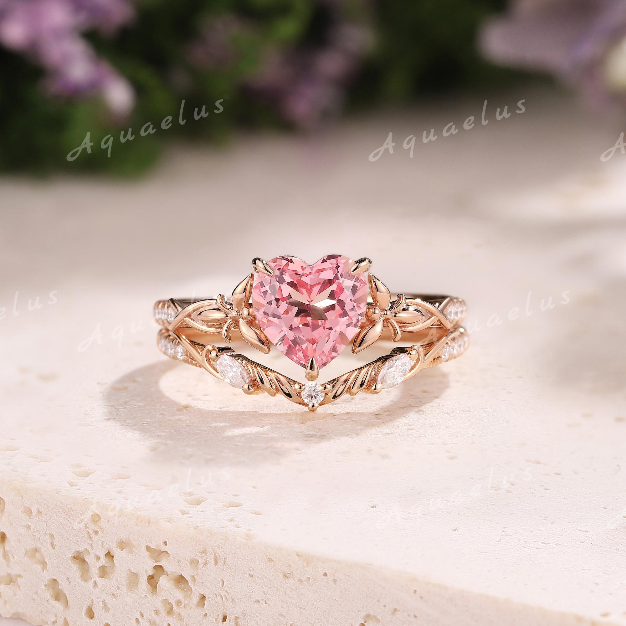 ヴィンテージピンクサファイアハートセット婚約指輪ローズゴールドモ