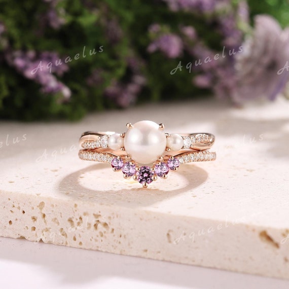 Akoya Pearl Engagement Ring Set Pink Sapphire Wedding Band