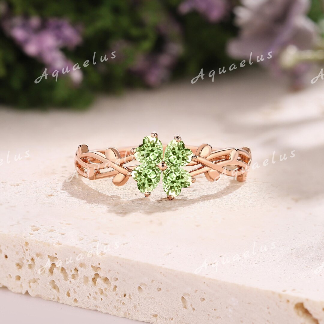 Vintage Heart Peridot Engagement Rose Gold Ring Lucky Clover Wedding ...