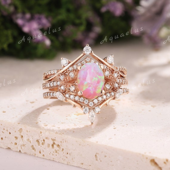 3pcs Dainty Pink Opal Engagement Ring Set Butterfly  display picture 1