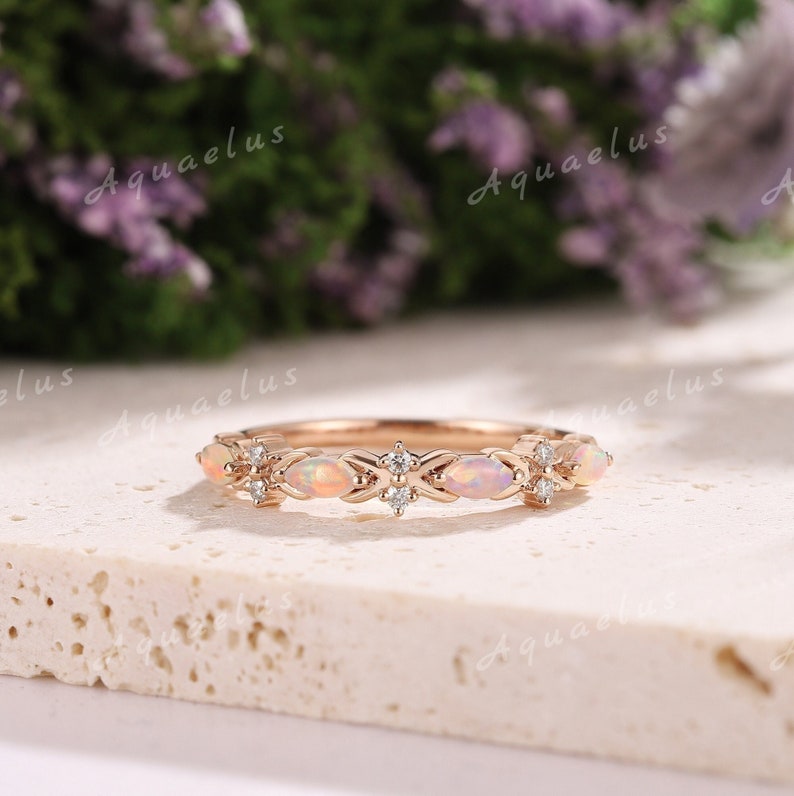 Matching Opsite Rings Dainty White Opal Ring Gold Moissanite Wedding Band Women Natural Opal ...