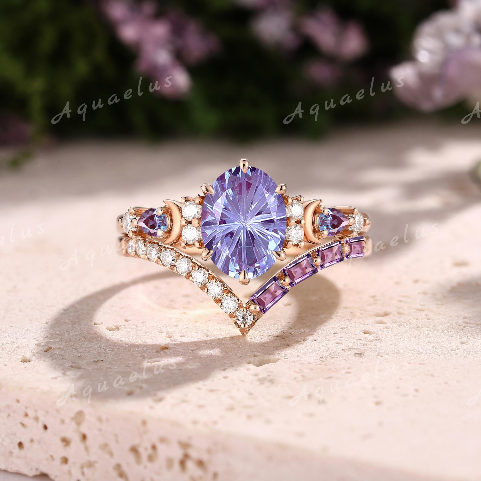 Fantasy Cut Alexandrite Engagement Ring Set, Gold Moon Wedding