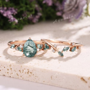 Nature Inspired Green Moss Agate Engagement Ring Set Pear Moss Agate Wedding Rings Women Moissanite Wedding Band Anniversary Gift for Her