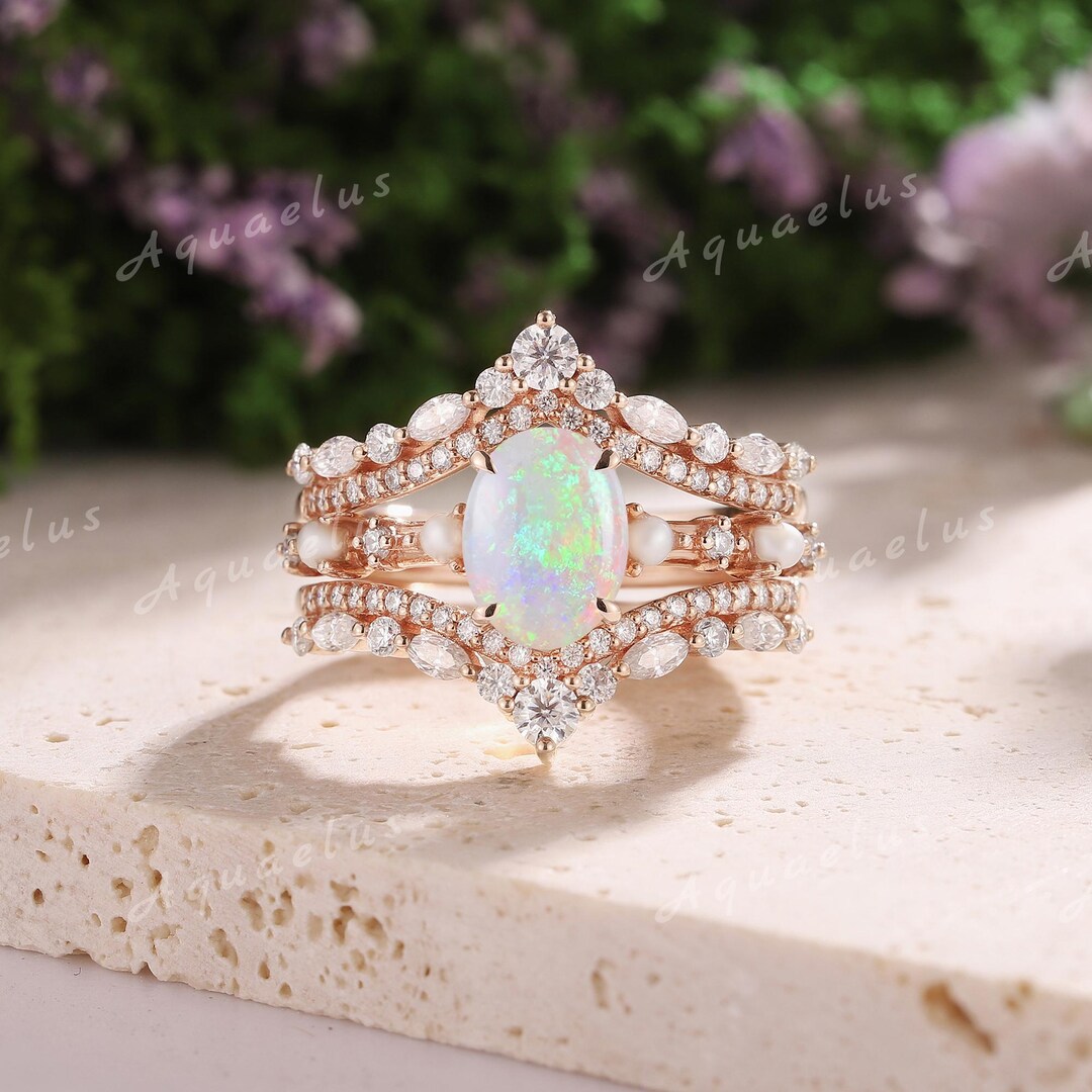 Matching Opsite Rings 2pc Oval Cut Opal Engagement Ring Set Enhancer Ring Rose Gold ...