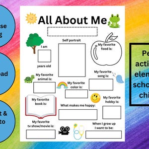 All About Me, First Day of School About Me, Elementary School Activity, Getting To Know You, Students Worksheet