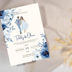 Hellblaue Hochzeitseinladung, bearbeitbare Hochzeitseinladungs-Vorlagenreihe, Blumen, die einladen, Braut und Bräutigam, bedruckbar