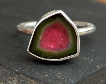 Watermelon tourmaline slice ring / custom ring / bi color tourmaline ring / October birthstone / tourmaline jewelry / raw tourmaline crystal