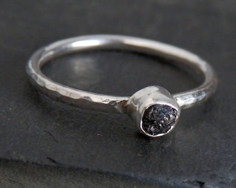 Custom Sterling Silver Raw Black Diamond Ring, Rough Stone Engagement Ring