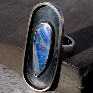 Australian black opal ring / black opal jewelry / Australian opal / boulder opal jewelry / pipe crystal opal ring / custom opal / black opal