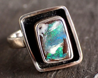 Australian boulder opal ring / boulder opal ring / Australian opal / boulder opal jewelry / pipe crystal opal ring / custom opal /black opal