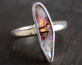 Boulder opal ring / red opal / opal jewelry / rainbow opal / black opal / pipe crystal opal ring / Australian opal ring / custom opal ring