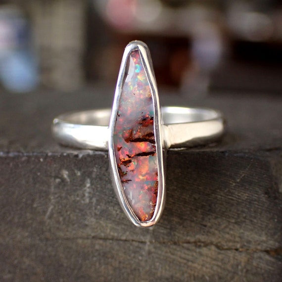 Rare Red Australian Boulder Opal and Sterling Silver Ring - Etsy Australian opal with rare red color! main image 0