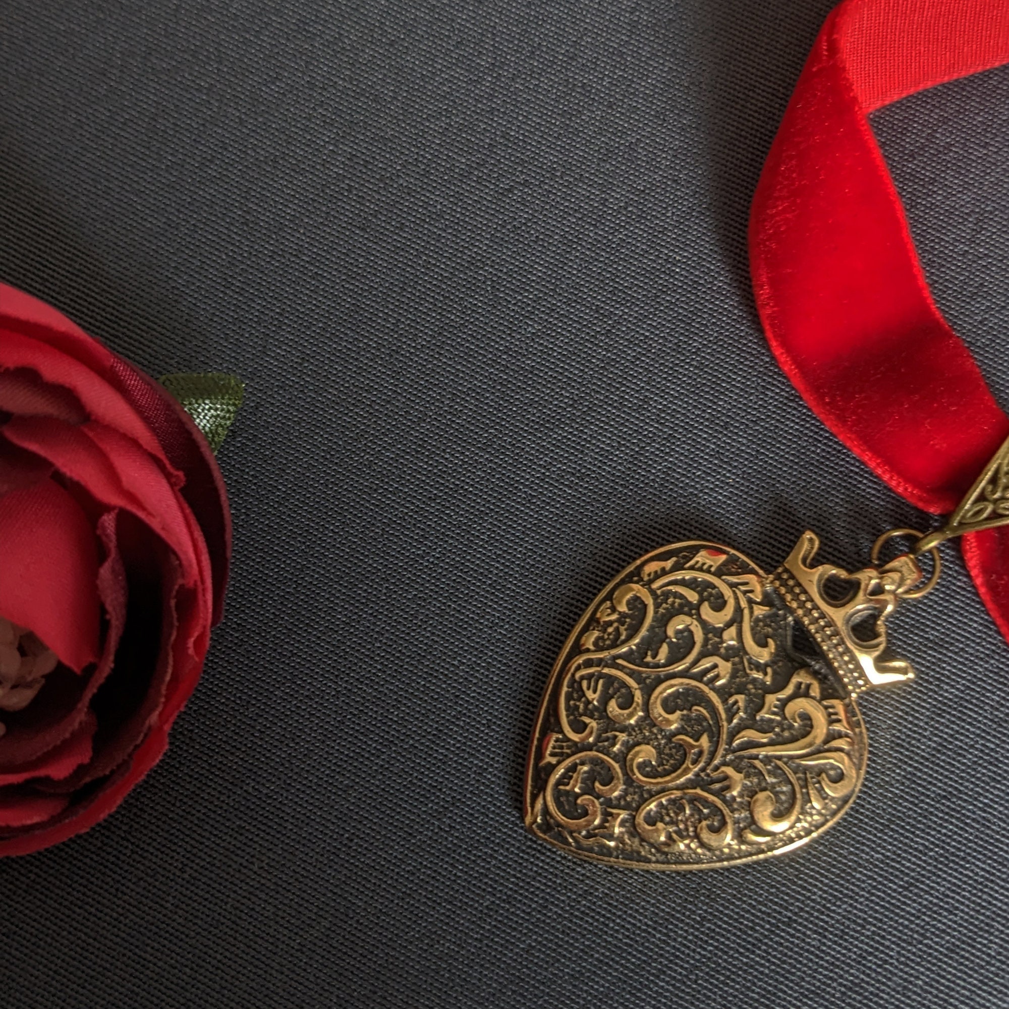 Vintage Heart Pendant on Red Velvet Ribbon Choker, Goth