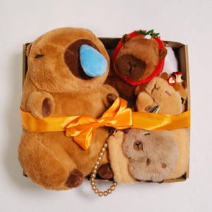 Capybara Plush Gift Set – Soft Stuffed Animal, Fluffy Keychain, Furry Storage Pouch, Cute Hair Claw, Adorable Kawaii Capybara Gifts for Kids