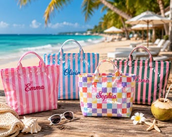 Personalized Clear PVC Tote Bag, Waterproof Beach Bag, Rainbow Stripe Shoulder Bag, Large Capacity Summer Travel Tote