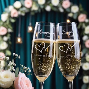 Personalised Champagne Flutes Pair, Heart Design Couples Champagne Flutes, Personalised Anniversary, Wedding, Engagement Glasses
