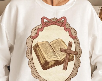 Grandma Core Shirt Design, Vintage Thrifted Christian Cross Png, Coquette Cottage Core Oval Frame Bible Sublimation