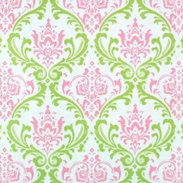 Madison Damask Gate \/ Baby Pink \/ Green and White Fabric - 1 yard