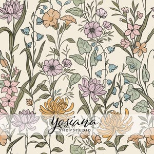 May include: A seamless pattern featuring a variety of flowers in shades of pink, yellow, and blue. The flowers are drawn in a delicate, hand-drawn style and are set against a cream background. The pattern is perfect for use in a variety of creative projects, such as fabric, wallpaper, and stationery.